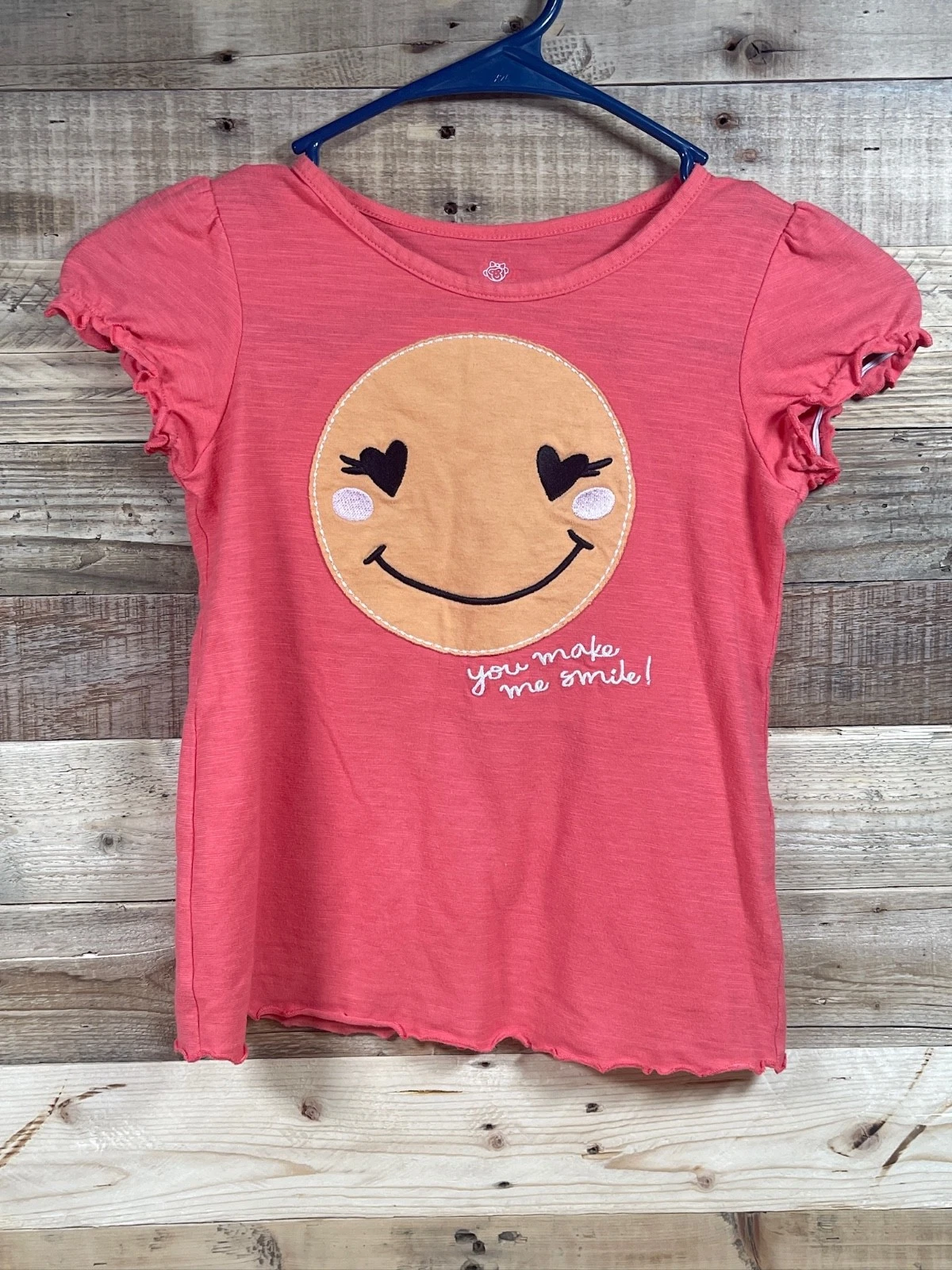Okie Dokie Happy Face Make Me Smile Pink Girls (6) Shirt Short Sleeve Ruffle Top
