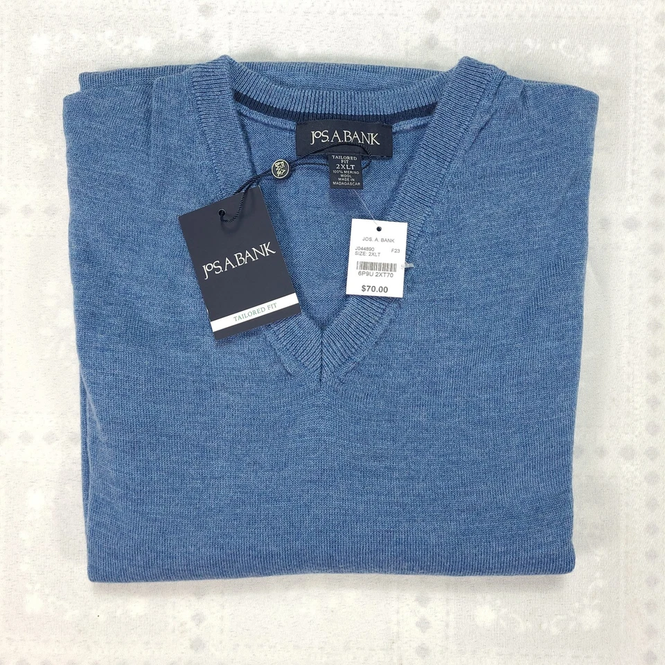 Jos A Bank V Neck Sweater 2XL Tall 2XLT Tailored Fit Merino Wool Blue NWT #U39 - Image 2 of 4