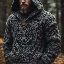 Mens Long-Sleeve Chunky-Knit Hooded Sweater