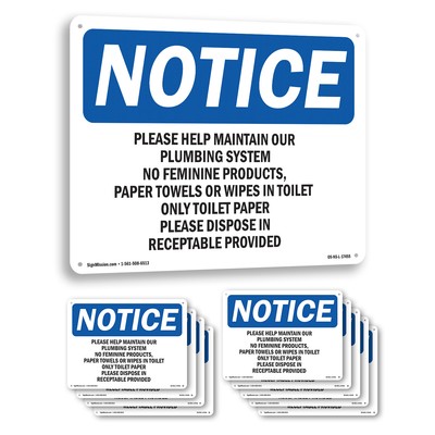 Please Help Maintain Our Plumbing System OSHA Notice Sign, Decal 5 or 10 Pack