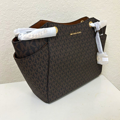 Michael Kors Monogram Shoulder Bag Brown Logo Detachable Strap Gold Hardware