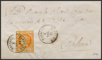 Balearic Islands. Postal History. Cover 52. 1861. 4 Red Quarters. Manacor To Pal
