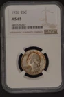 1936  NGC CERTIFIED  MS 65  WASHINGTON QUARTER, GOLDEN TONING
