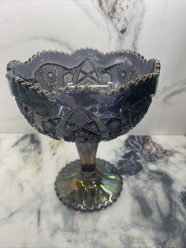 IMPERIAL  OCTAGON FOOTED  CANDY DISH COMPOTE  SMOKE AMETHYST IRIDESCENT 8” TALL