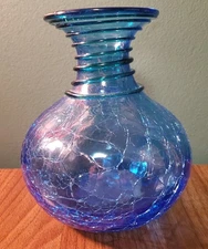 Blenko 2002 Crackle Art Glass Vase Applied Turquoise Spiral Ribbon & Sticker