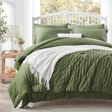 Complete Queen Comforter Set 7 Piece Olive Green Seersucker Bed in a Bag