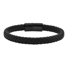 Geoffrey Beene Men's Braided Genuine Leather Bracelet with Stainless Steel Cl...