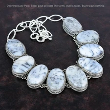 925 Sterling Silver Dendrite Opal Gemstone Chain Bezel Vintage Necklace Jewelry
