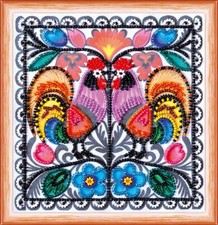 Bead Embroidery Kit "Two cockerels" size 5.9"x5.9" / 15.0x15.0 cm