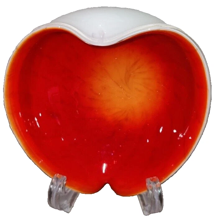 Cuenco de vidrio artístico rojo naranja manchas doradas caja blanca MCM abstracto soplado a mano Foto 2 de 4