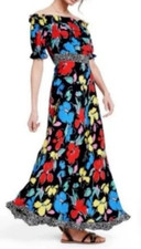 Women's Colorful Black Floral Off Shoulder Maxi Dress 6 Puff Sleeve Summer