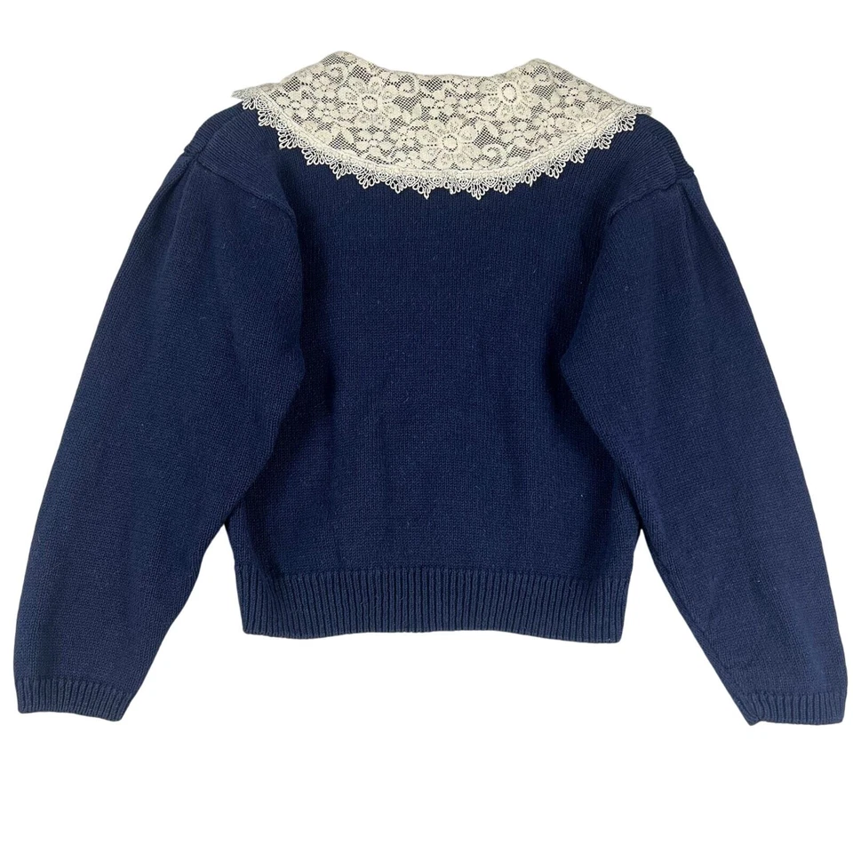 Tarjeta tejida azul vintage años 80 Sportswear Systems para mujer. con cuello de encaje crema-M Foto 2 de 4