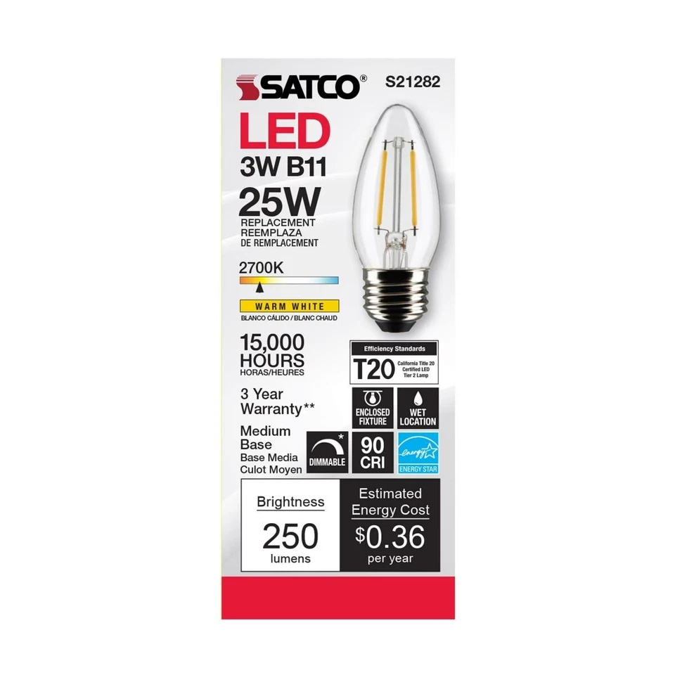 Satco S21282 - 3 Watt LED B11 Decorative Clear Light bulbs - 2700K - 6 Pack - Image 2 of 4