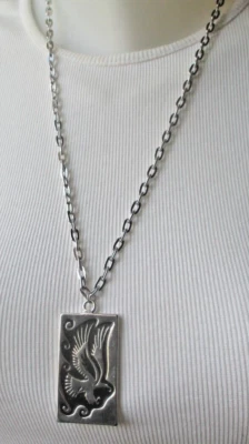 Collier chaine pendentif argenté grand aigle émail noir superbe bijou biker 5426 - Photo 1/2