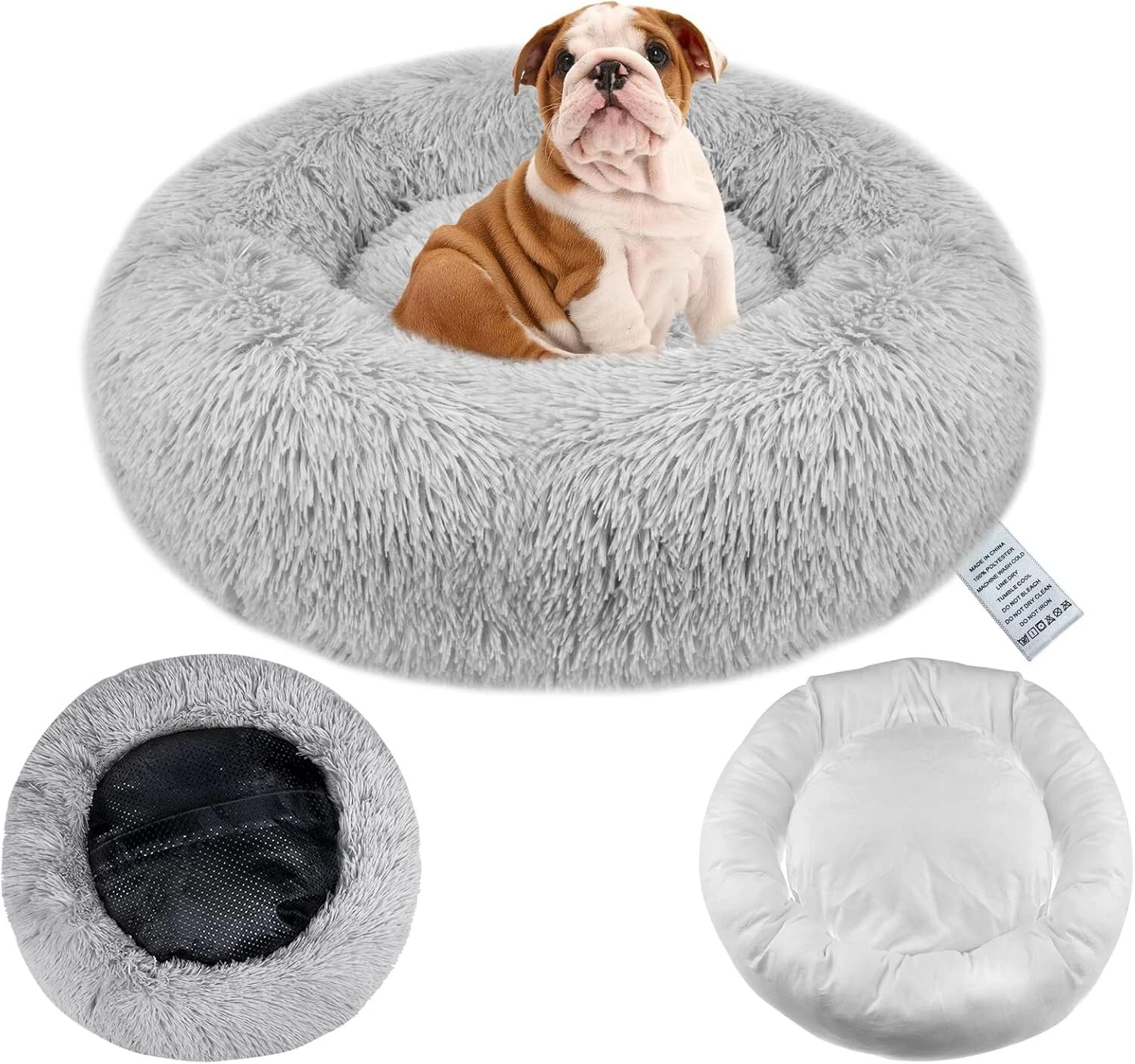 Donut Dog Bed Soft Round Plush Cat Beds Calming Pet Anti Anxiety Small Grey