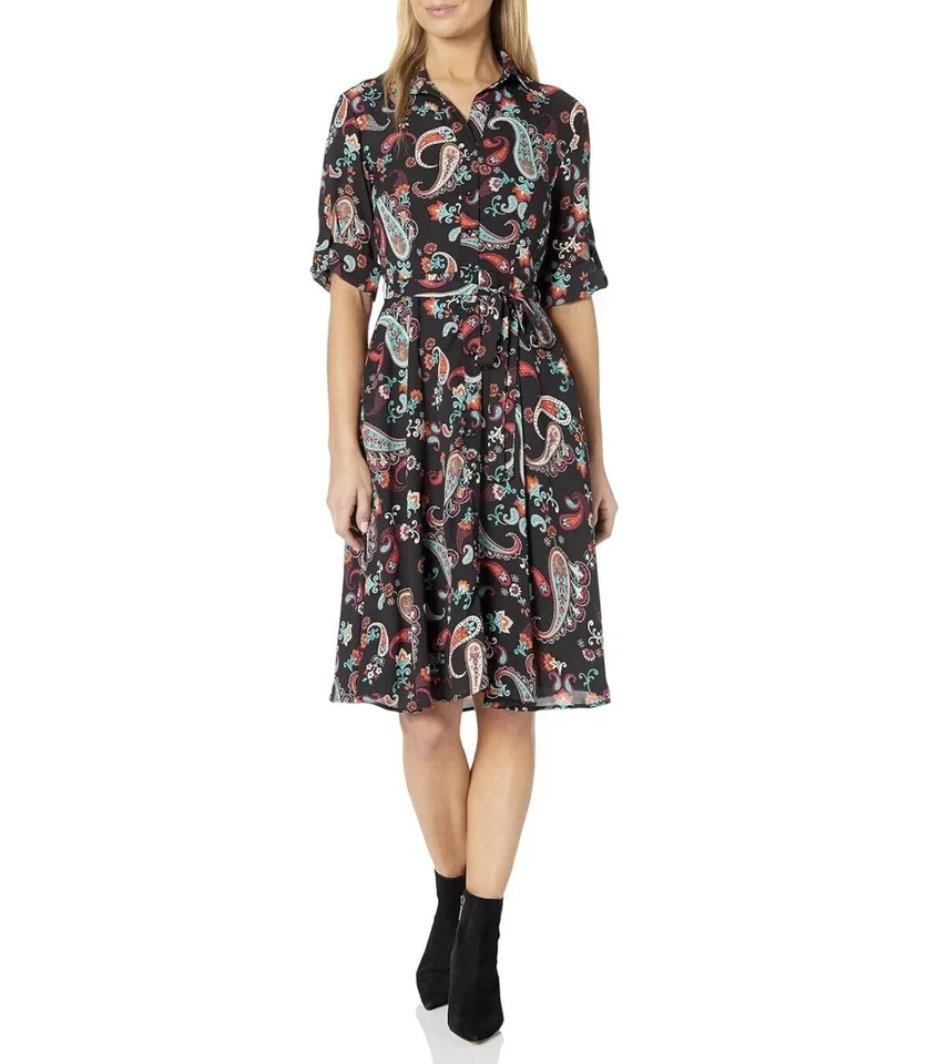 Vestido Camisa NANETTE LEPORE Preto Paisley Tamanho 2 Ajuste e Flare Rolo Aba Trabalho Escritório - Imagem 2 de 4