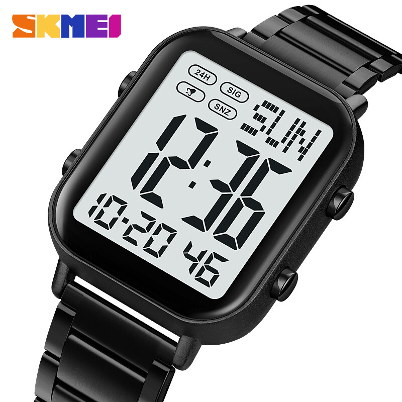 SKMEI Men Watch Rectangle Digital Wristwatch Black Steel Boys LED