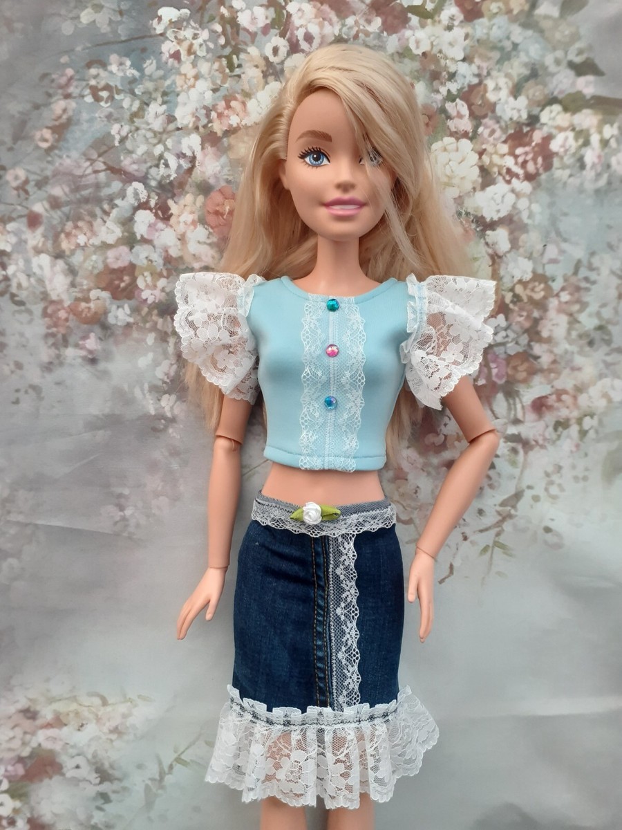 Barbie Doll Jeans Skirt Denim Skirt Outfit+Top, Doll Clothes-Fits