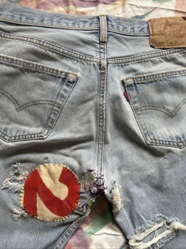 Vtg 98’ Thrashed Boro Patchwork Levis Jeans 501 Distressed Denim 32 X 33 - 第 1/17 張圖片