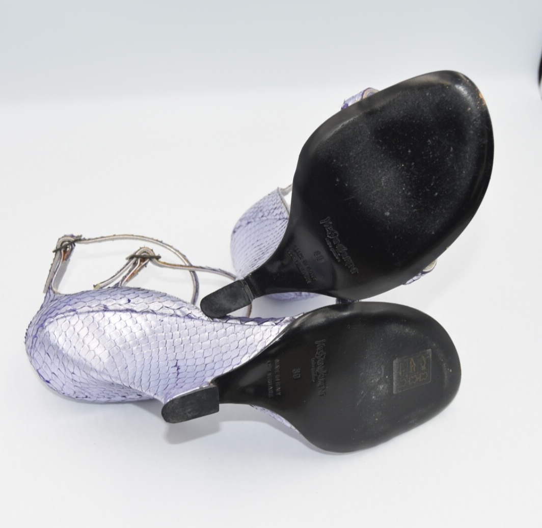 YVES SAINT LAURENT Couture viola pelle metallizzata pitone zeppa sandalo tacco 9