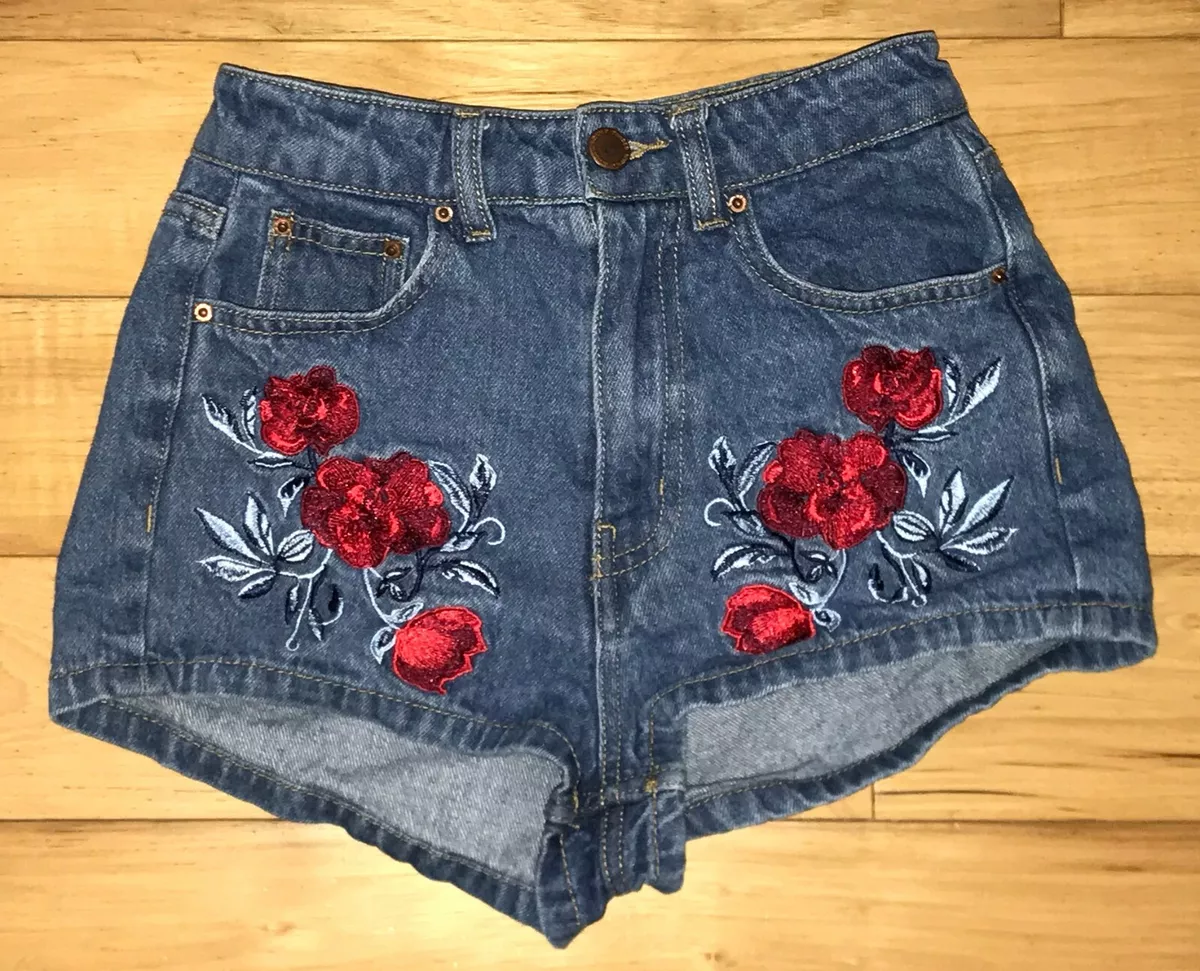 H M Coachella Denim High Waist Shorts Blue w Red Embroidered