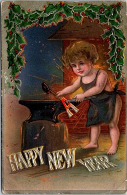 New Year Cherub Blacksmith Anvil Forge Holly Gold Embossed c1910 postcard DP3