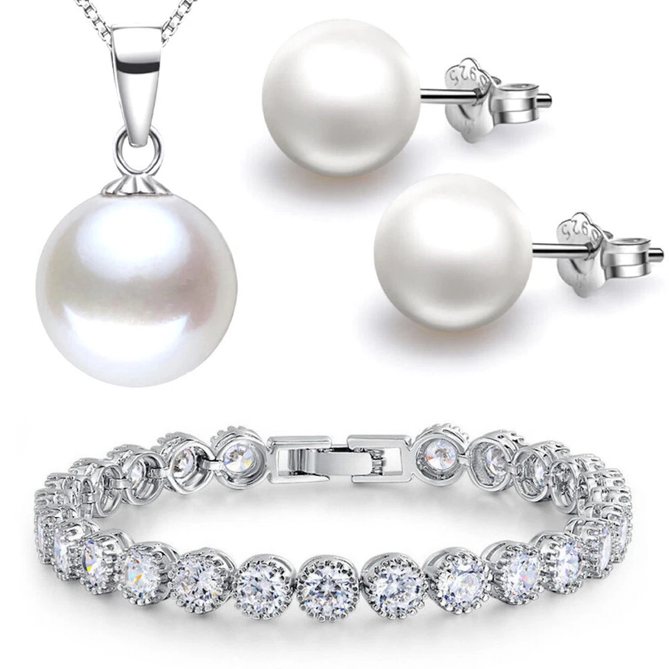 DAMEN SCHMUCKSET 925 STERLING SILBER HALSKETTE PERLE ANHÄNGER OHRRINGE ARMBAND