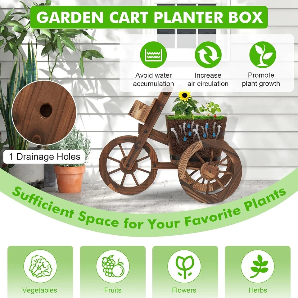 Wood Cart Garden Planter Pot w/3 Wheels Barrow Wagon Flower Barrel Outdoor Decor - Image 3 of 4