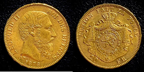 1878 Leopold II GOLD 20 francs Belgium Position A variety NGC MS-62