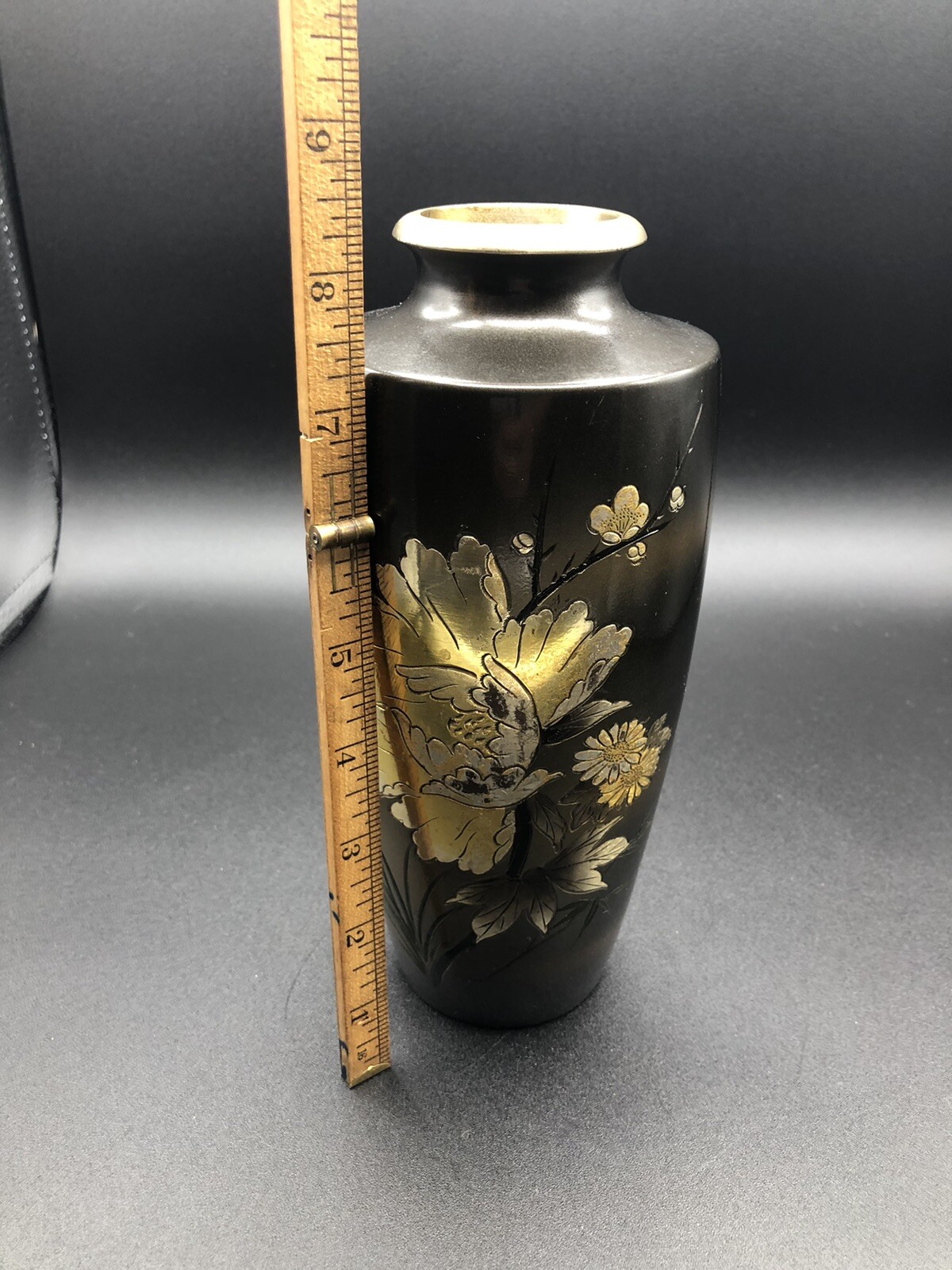 Vintage Japanese Silver Bronze Brass Metal Etched Vase Floral Scene 8.5