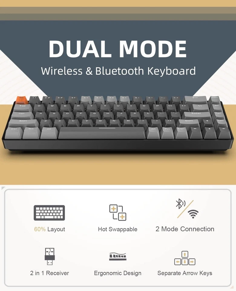 ZIYOULANG K68 60% Wireless Mechanical Keyboard, BT 5.0/2.4GHz with Dual Mode - Image 2 of 4