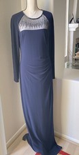 Ralph Lauren Navy Evening Gown Beaded Neckline Side Slit Long Sleeve Size 14