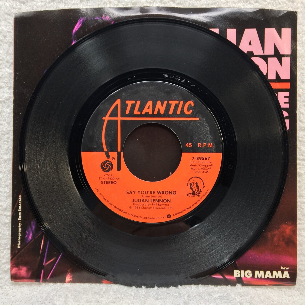 45 RPM Record Julian Lennon Say You're Wrong ~ Big Mama Atlantic 7