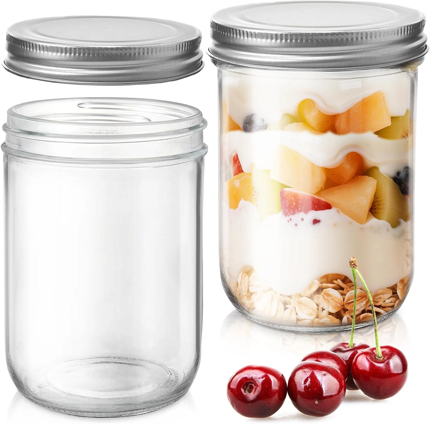 Showvigor 2 Pack Wide Mouth Mason Jars 16oz - Airtight Glass Canning Jars for Fo