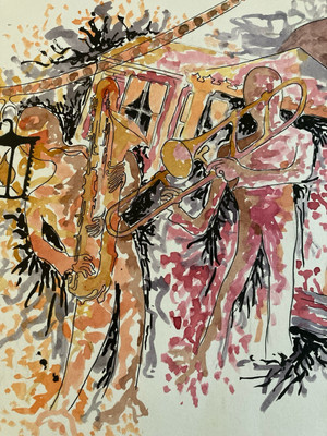 Gouache Aquarellfarbe Auf Papier 1960 Zu Identifizieren Musik Trompete Kunst