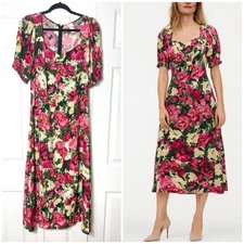 H&M Pink Green Floral Short Sleeve Midi Dress Cottagecore Square Neck Size M