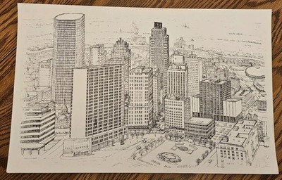 Vintage Downtown Fort Worth pen ink print Richard ''Ricardo'' Ross 