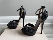 NEW Jimmy Choo Greta 150 Grey Python Ankle Strap Platform Sandals 37.5