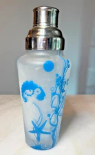 Large Glass Cocktail Martini Shaker Frosted w Teal UNDER the SEA OCEAN Design