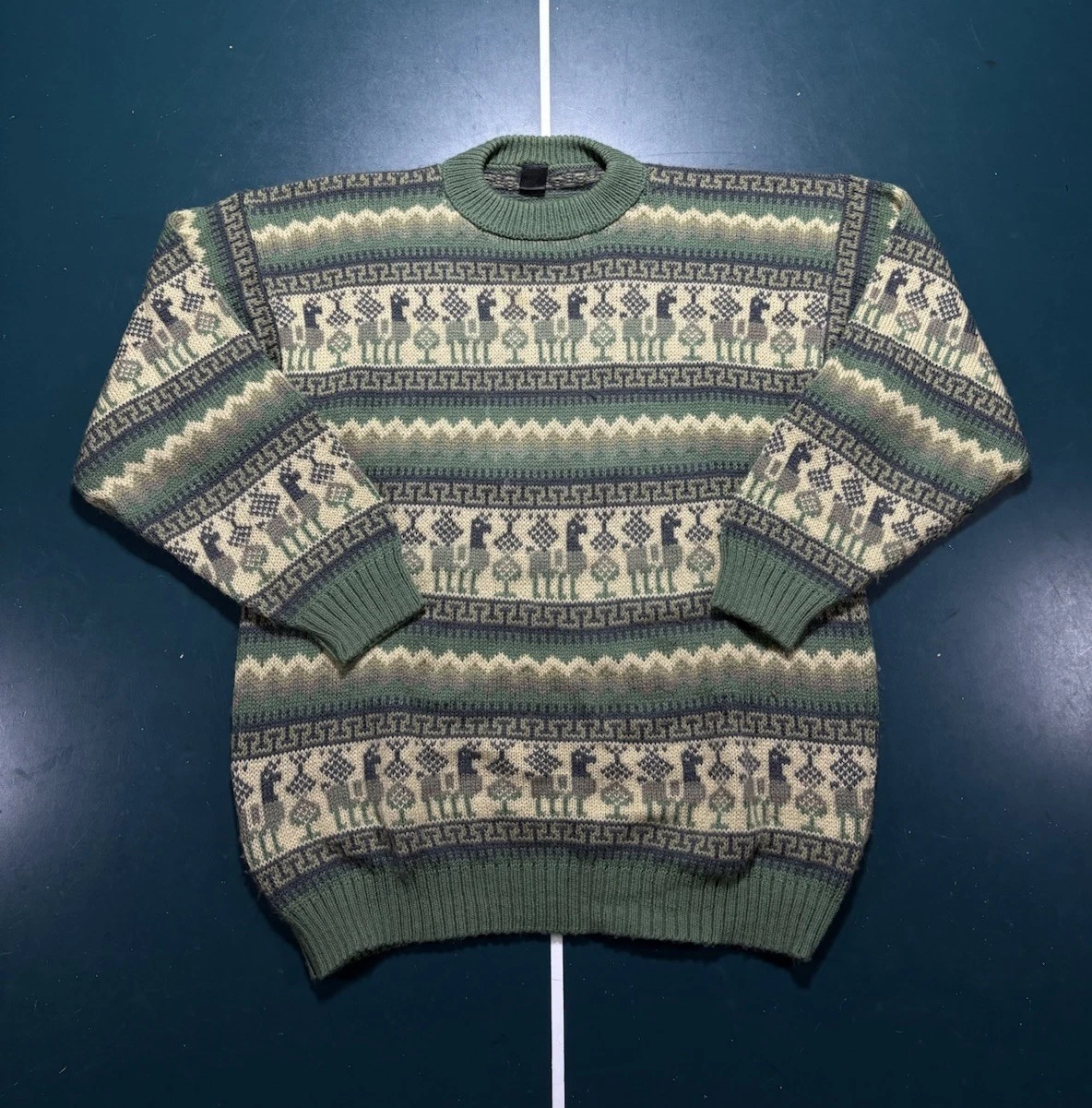 Alpaca Sweater Men’s Medium Green Llama Pattern Crewneck Knit Peruvian Aztec