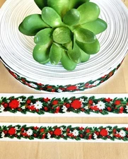 5/8 & 7/8" (1 YD) Christmas Garland Grosgrain Ribbon Poinsettia Flowers