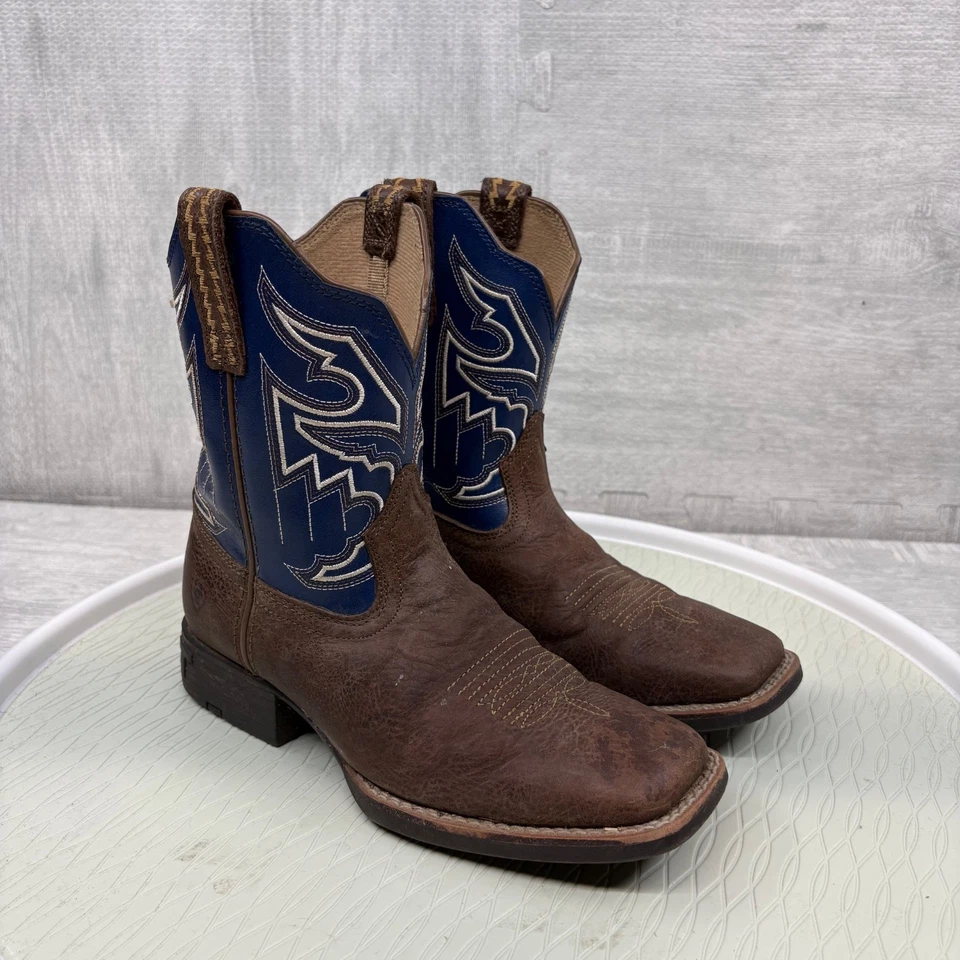 Ariat Botas Occidentales Pluma Clasificadora Niño Juvenil Talla 2 Azul Marrón Puntera Cuadrada Cuero Foto 3 de 4