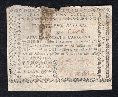 MAY 10, 1780 $25 TWENTY FIVE DOLLARS NORTH CAROLINA COLONIAL CURRENCY NOTE (B)