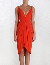 Zimmermann V Tuck Midi Dress Size 2 AU 12/US 8 Silk Red Orange Plunge Sleeveless