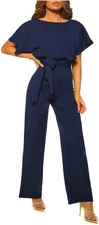 Happy Sailed Womens Casual Short Sleeve Belted Wide Leg Pant Romper 2XL NavyBlue