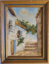 VTG Original Painting Mediterranean Street Scene White Homes Street Signed White