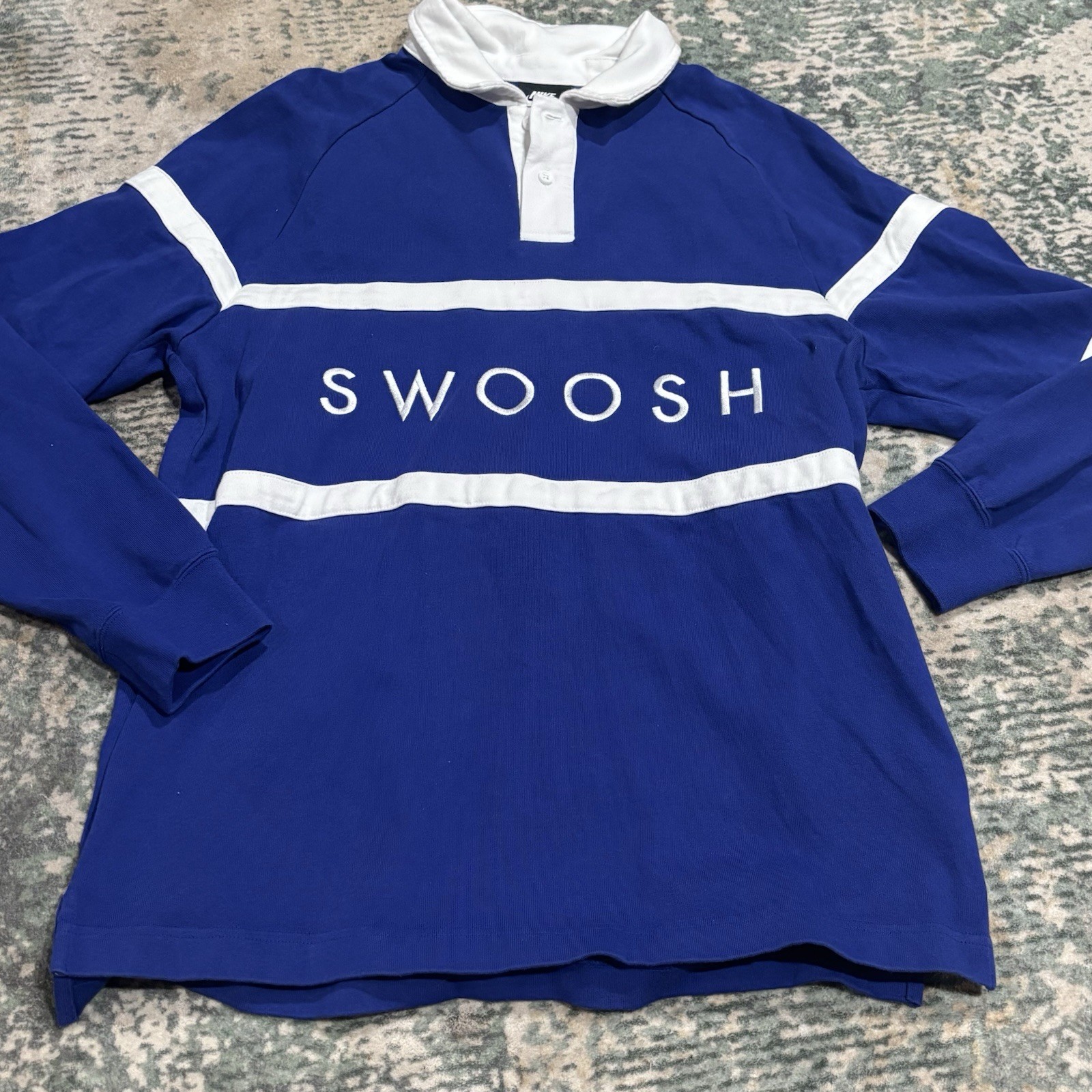 Nike Polo Shirt Mens Medium Blue White Swoosh Rugby Long Sleeve Stripe Collar