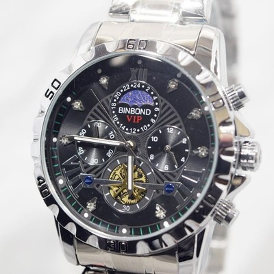Binbond Men s Moon Phase Chronograph Stainless Steel Watch Black Silver 435mm q