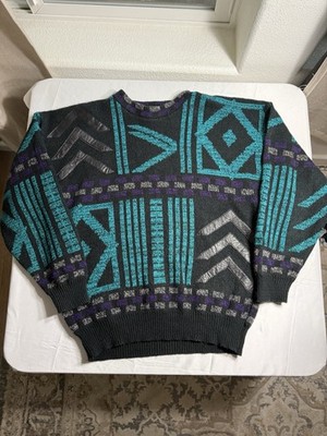 Vintage 90s GABRIELLE Coogi Style Knit Sweater Leather Arrows Mens M