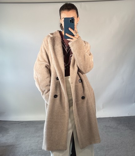 S Max Mara IT48 UK16 Coat Alpaca Wool Beige Double Breasted Mid Length Jacket